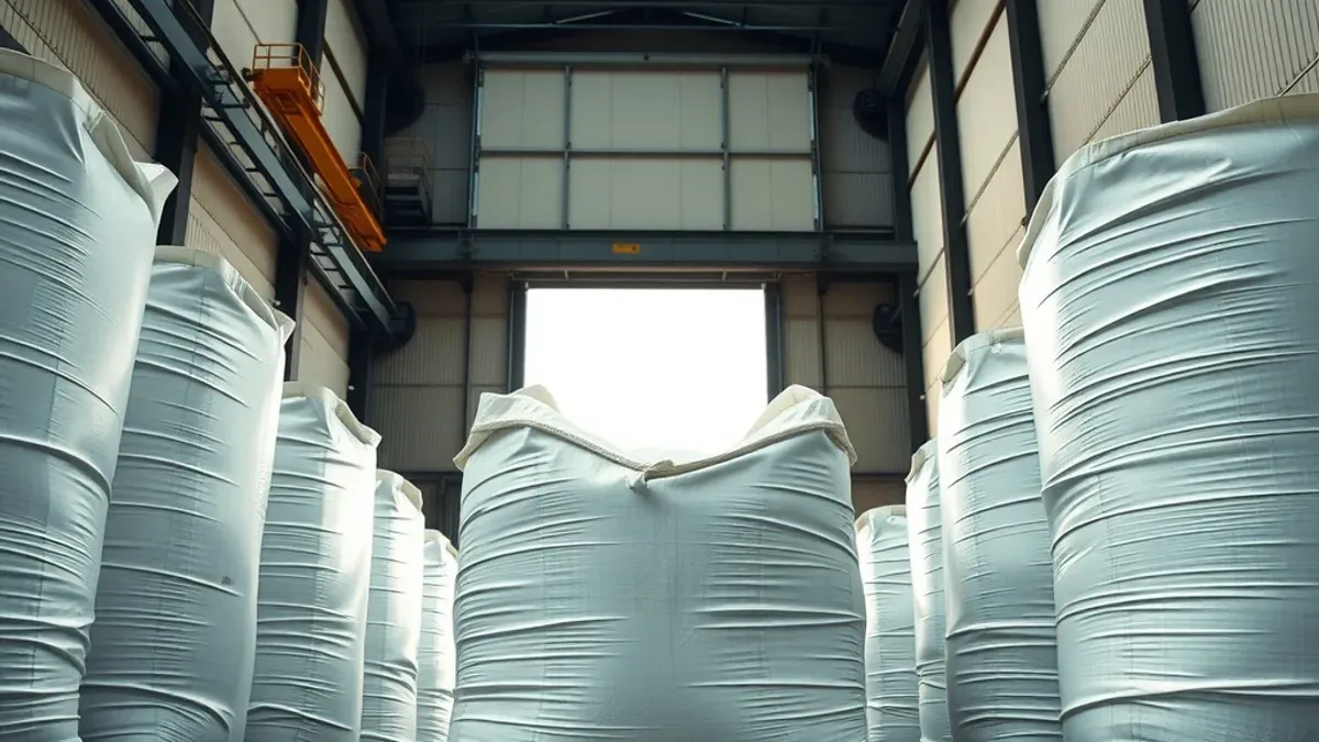 Big bags de polipropileno posicionados no piso de um armazém industrial