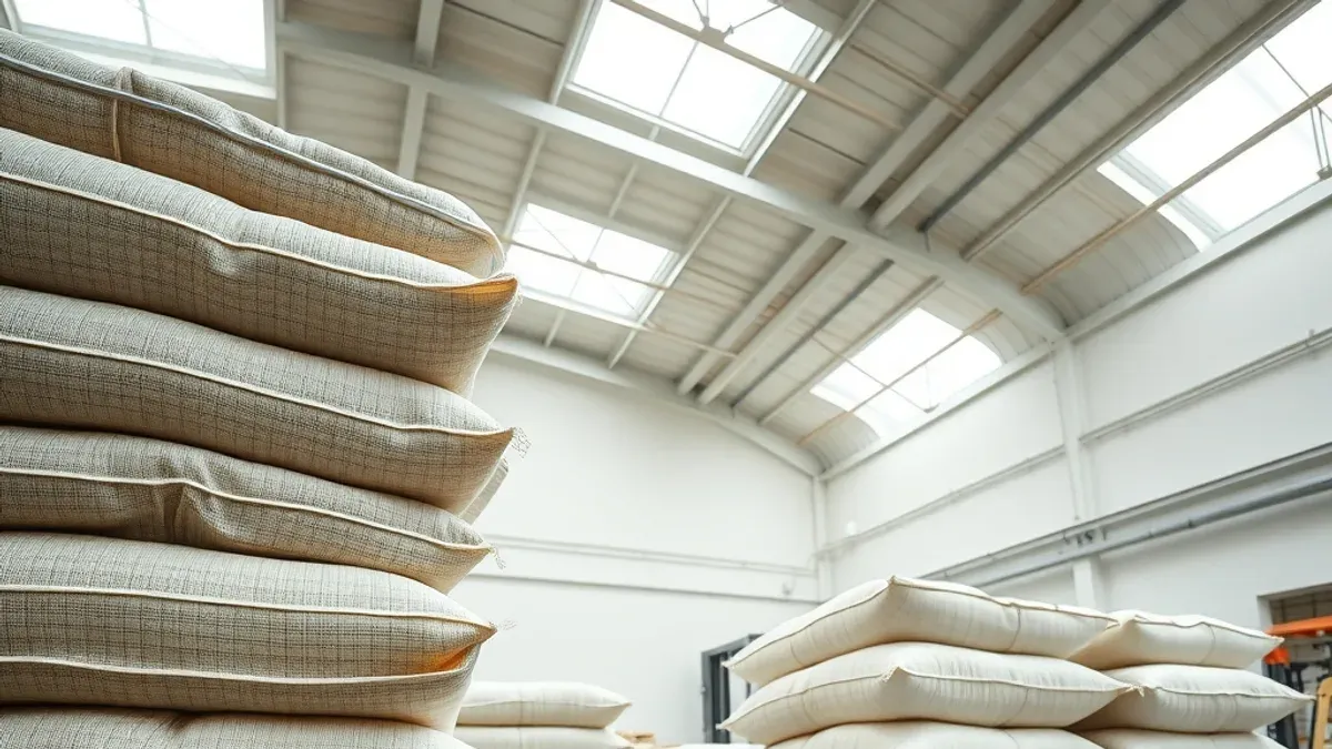 Sacos de ráfia empilhados sobre paletes em armazém industrial