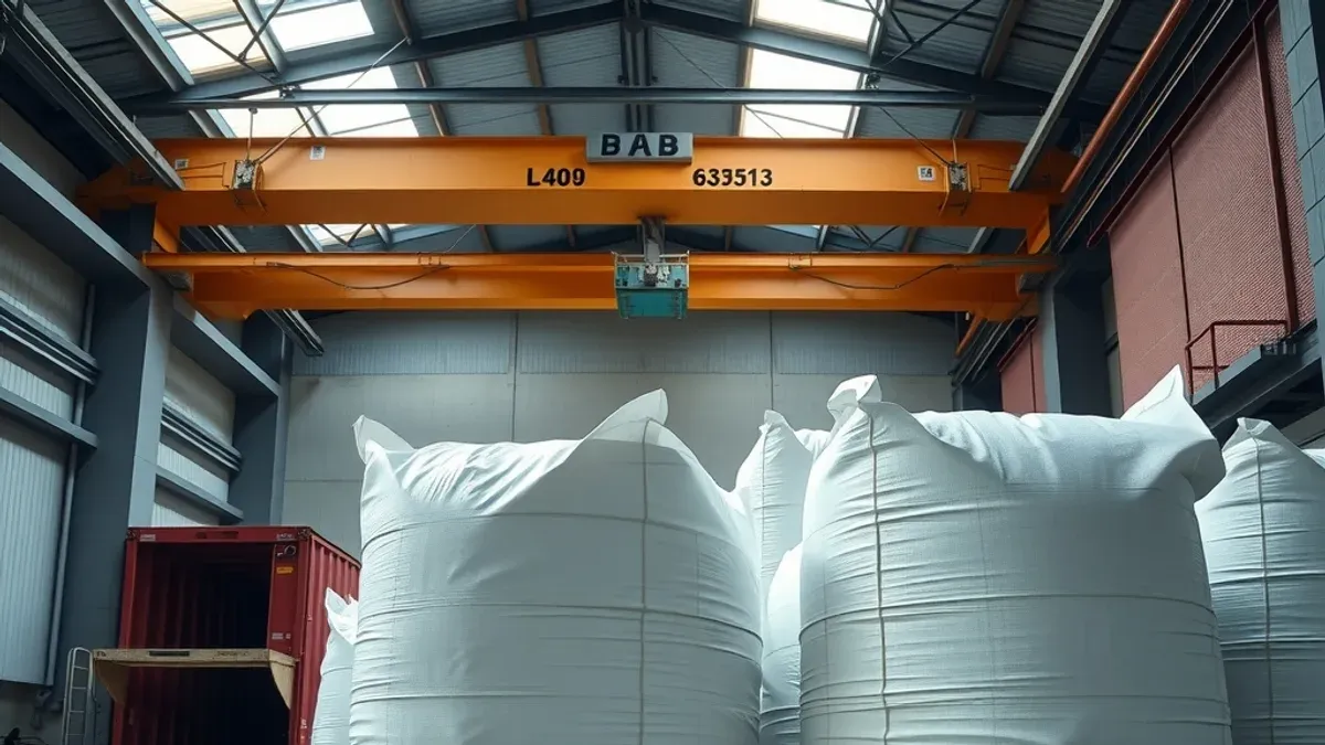 Big bags de polipropileno posicionados no piso de um armazém industrial