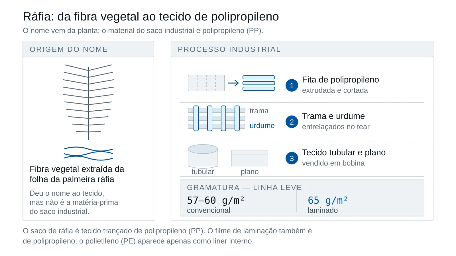 Comparativo em duas colunas: à esquerda, a fibra vegetal extraída da folha da palmeira ráfia; à direita, a sequência industrial fita de polipropileno extrudada e cortada, trama e urdume no tear, tecido tubular e tecido plano, com indicação de gramatura 57–60 g/m² convencional e 65 g/m² laminado.