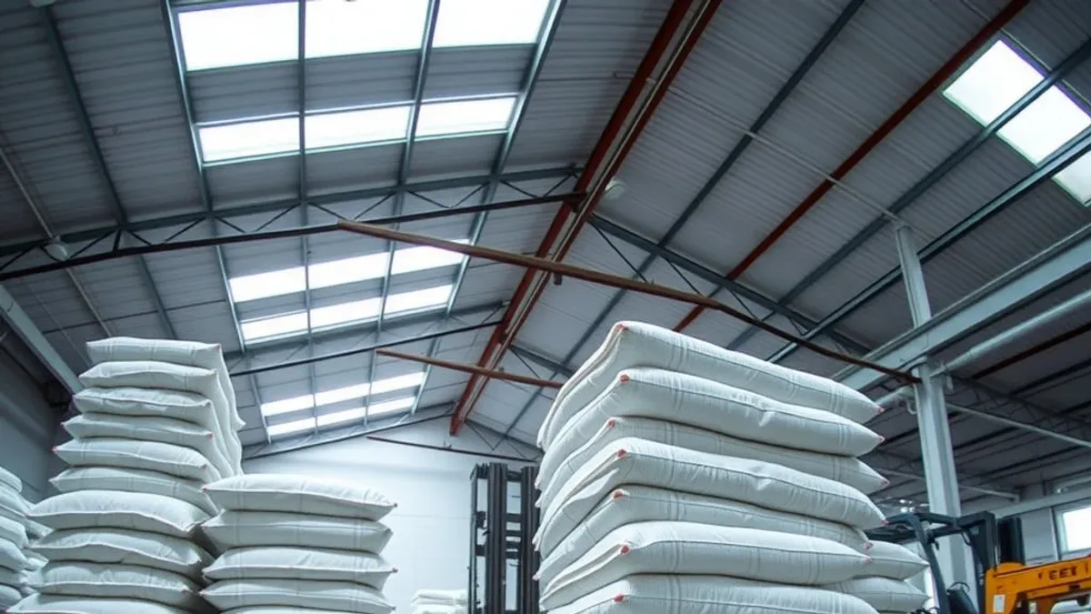 Sacos de ráfia empilhados sobre paletes em armazém industrial