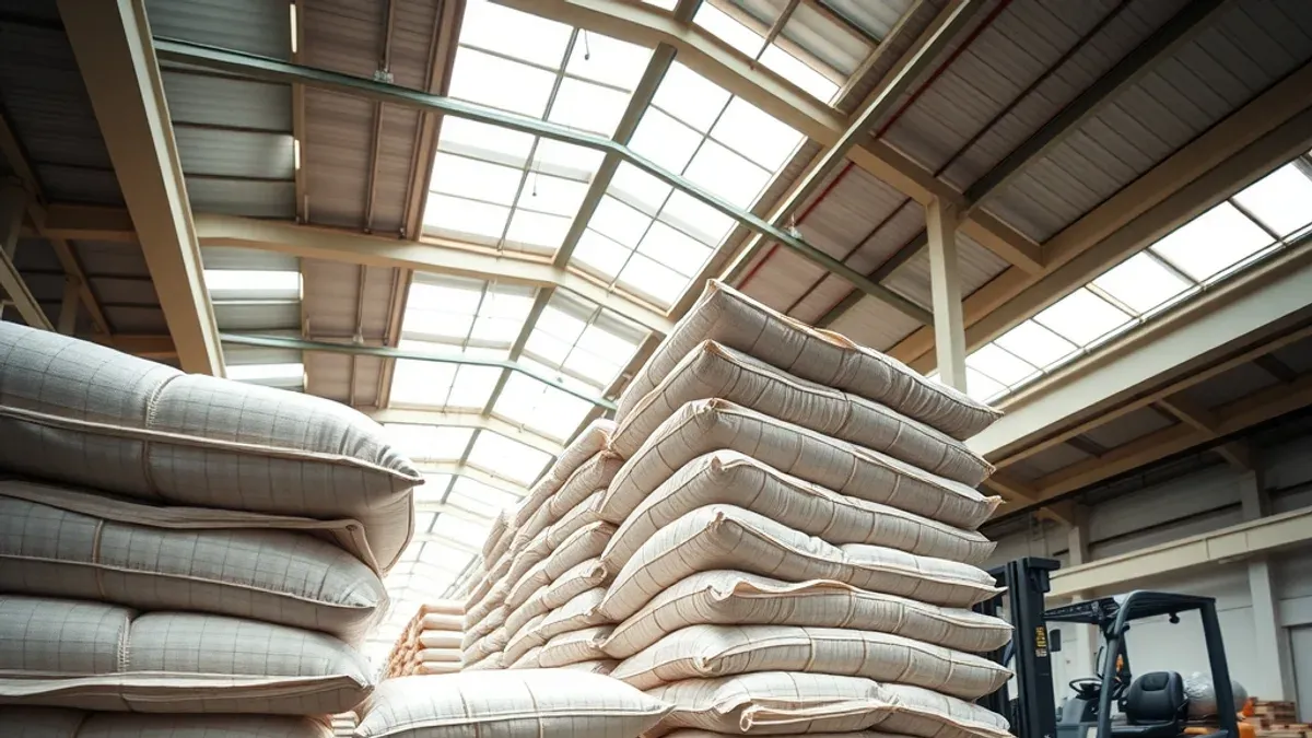 Sacos de ráfia empilhados sobre paletes em armazém industrial