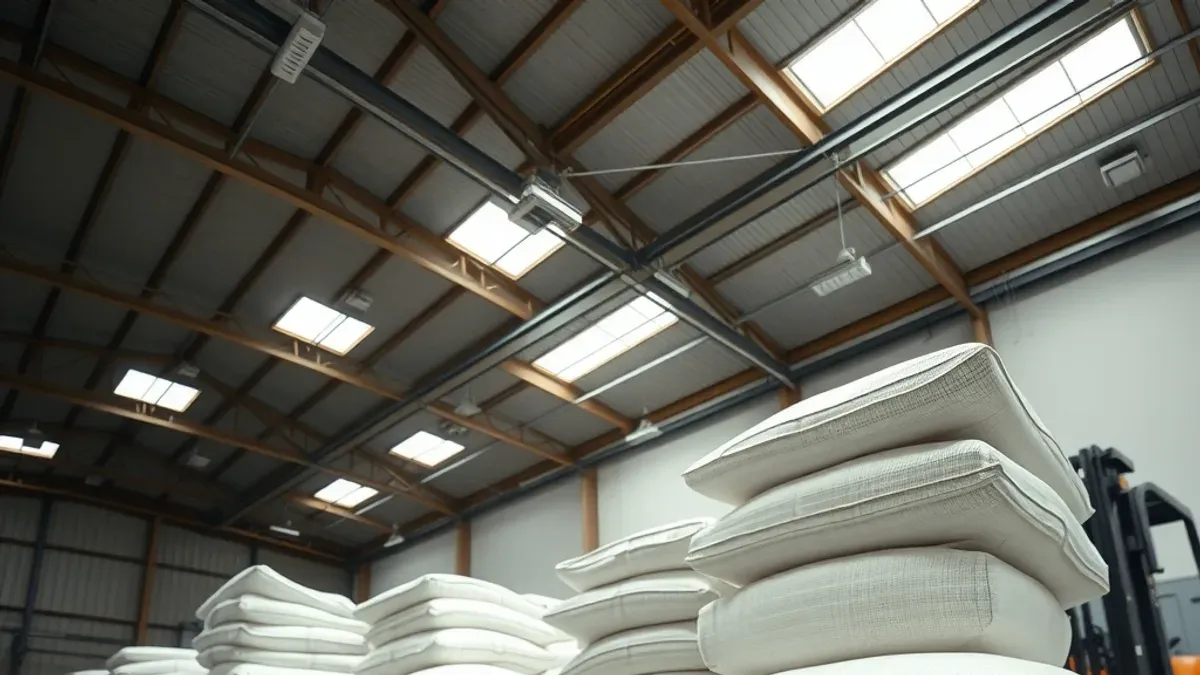 Sacos de ráfia empilhados sobre paletes em armazém industrial