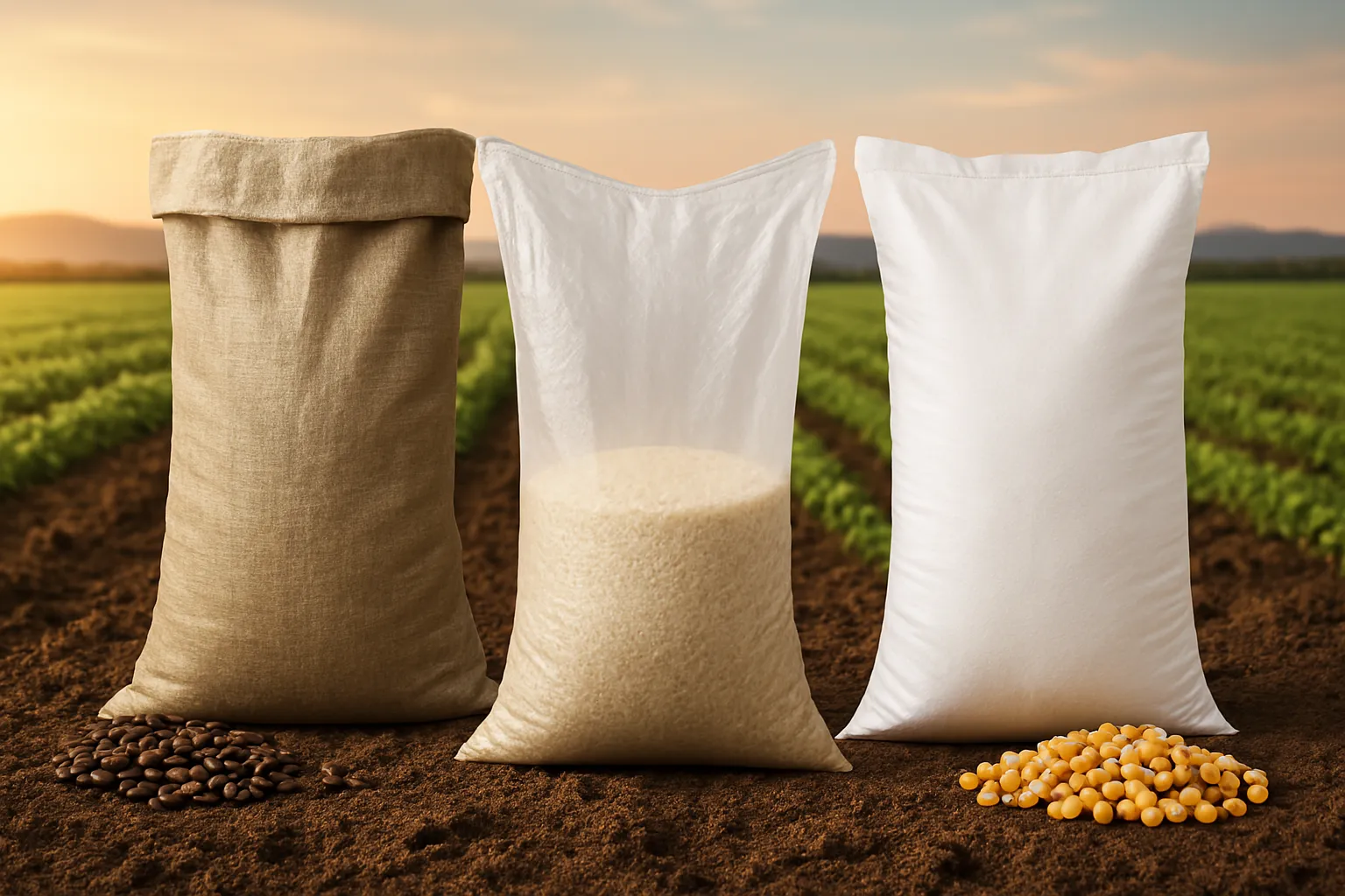 Sacos de ráfia branco, transparente e marrom carijó num campo agrícola