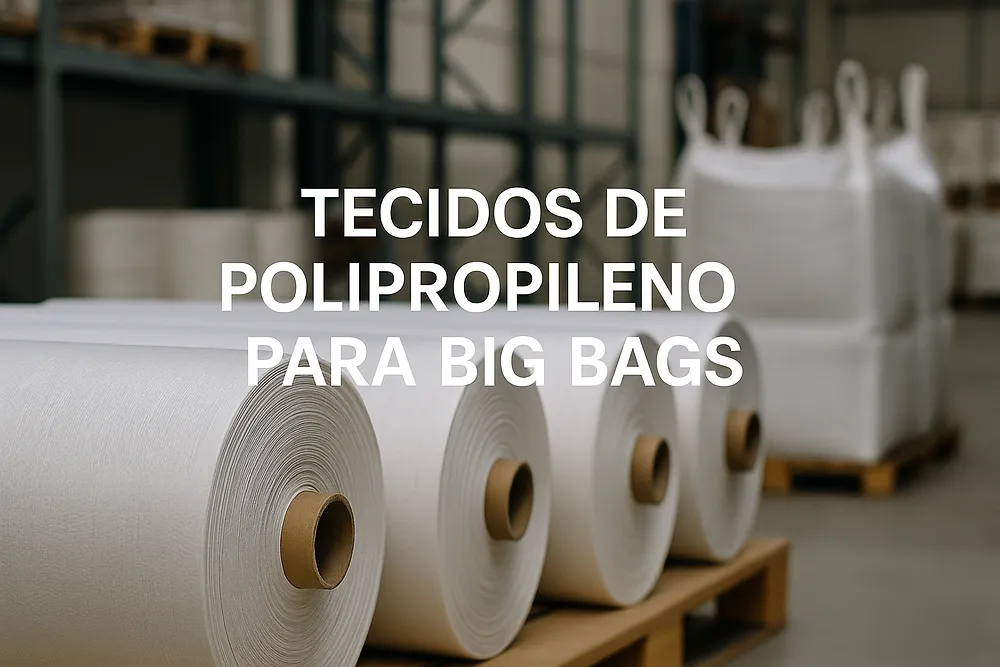 Bobinas de tecido de polipropileno e big bags empilhados em galpão industrial